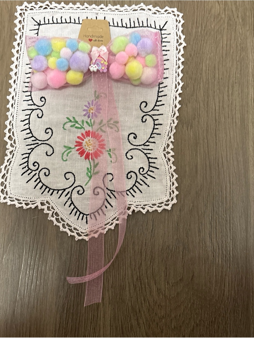 Handmade Pastel Pom-Pom Hair Bow with Pink Ribbon